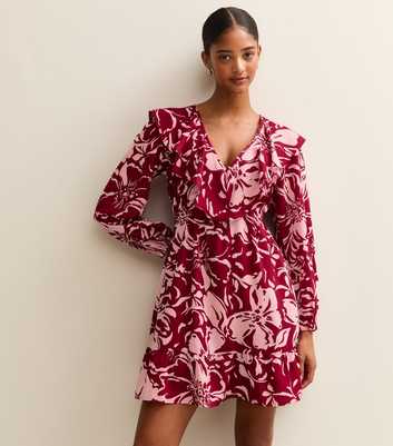 Red Crepe Floral Print V-Neck Frill Trim Mini Dress