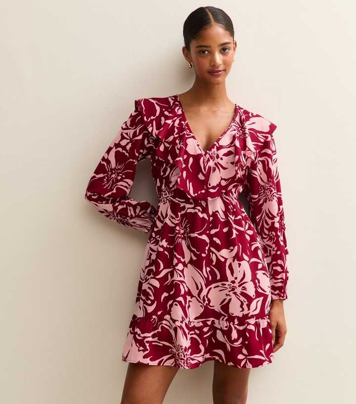Red Crepe Floral Print V-Neck Frill Trim Mini Dress
