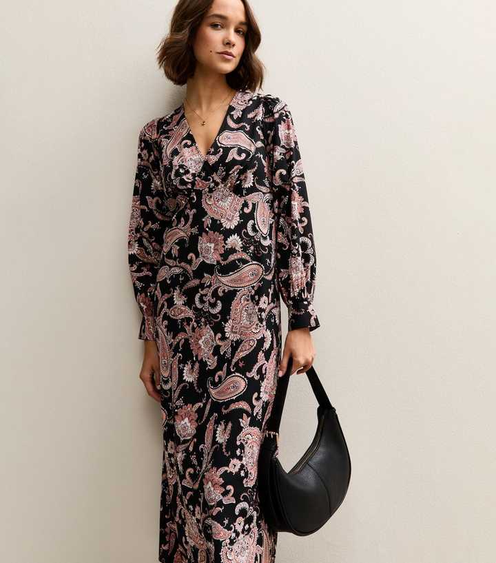 Black Paisley Long Sleeve Midi Dress