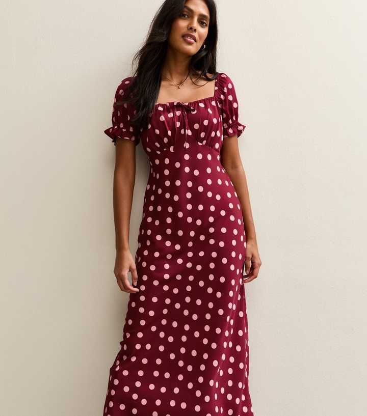 Red Crepe Spot Print Milkmaid Midi Dress