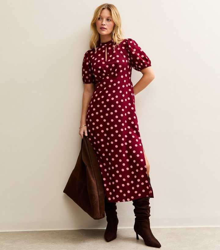Red Polka Dot Keyhole Midi Dress