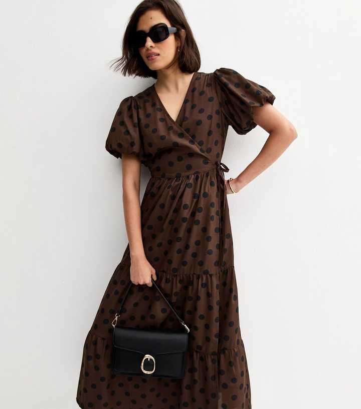 Brown Crepe Spot Print Wrap Midi Dress