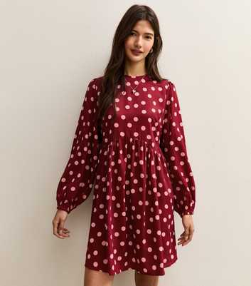 Red Polka Dot Long Sleeve Smock Mini Dress