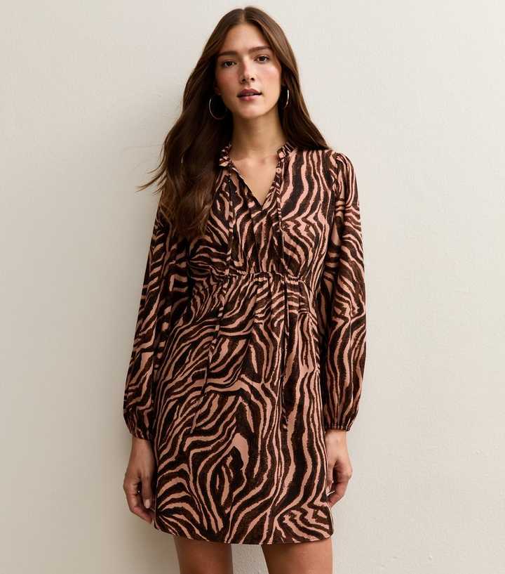 Brown Zebra Print Long Sleeve Mini Dress