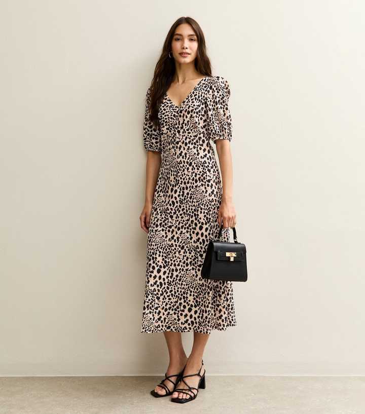Brown Animal Print Bow Back Midi Dress