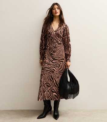 Brown Zebra Print Long Sleeve Midi Dress