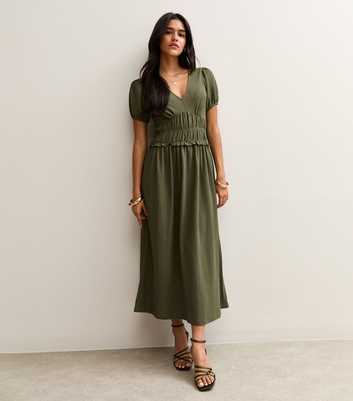 Khaki Crinkled Texture Shirred Waist Midi Dress
