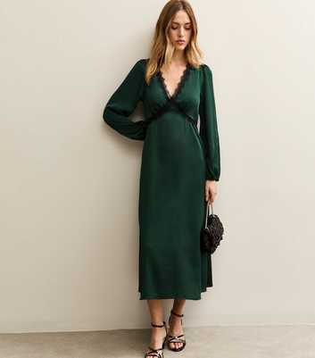 Dark Green Satin Lace Trim Midi Dress