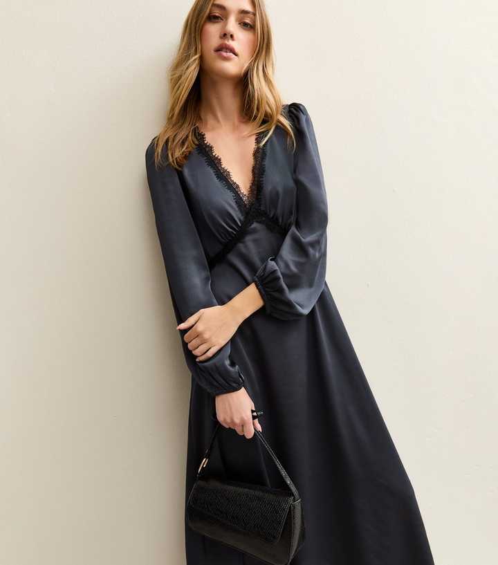 Navy Satin Lace Trim Midi Dress | New Look Navy Satin Lace Trim Midi Dress | New Look