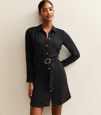 Black Belted Button Through Mini Shirt Dress