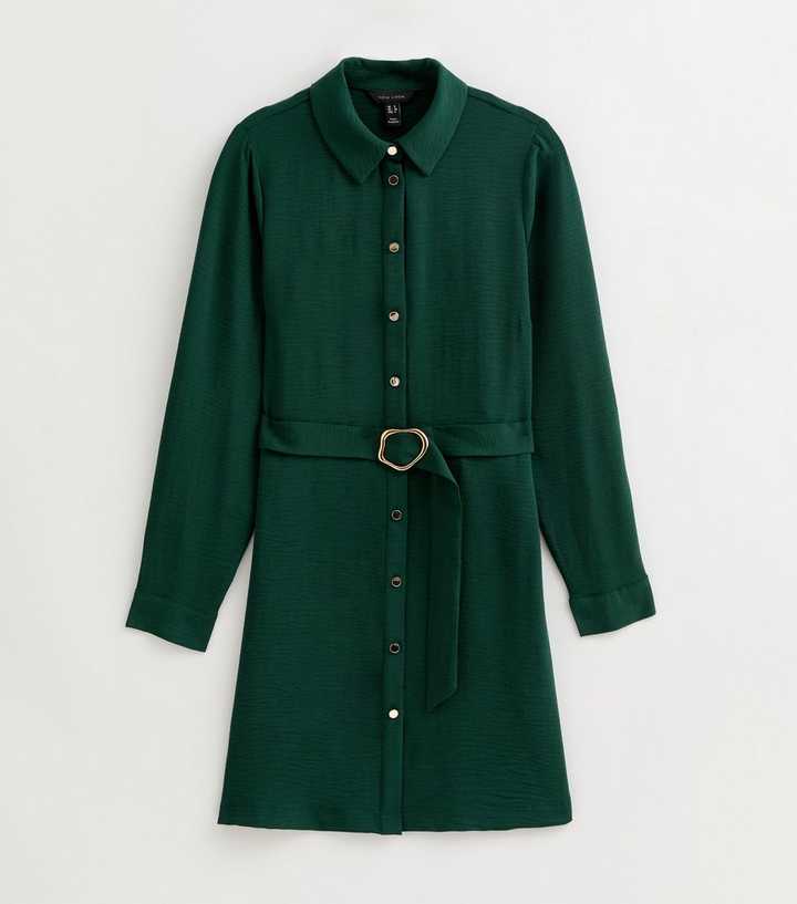 Dark Green Belted Button Through Mini Shirt Dress