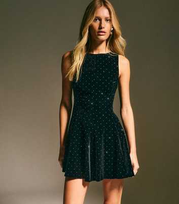 Black Velvet Diamante Studded Mini Dress