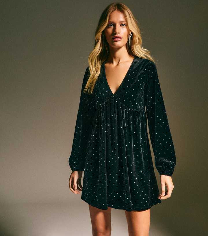 Black Velvet Diamante Studded V-Neck Smock Mini Dress