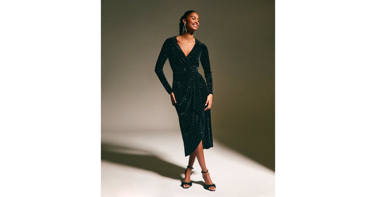 Black Velvet Diamante Embellished Wrap Midi Dress New Look