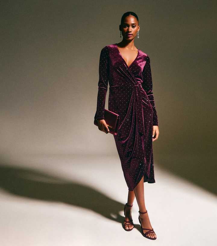 Dark Burgundy Velvet Diamante Embellished Wrap Midi Dress