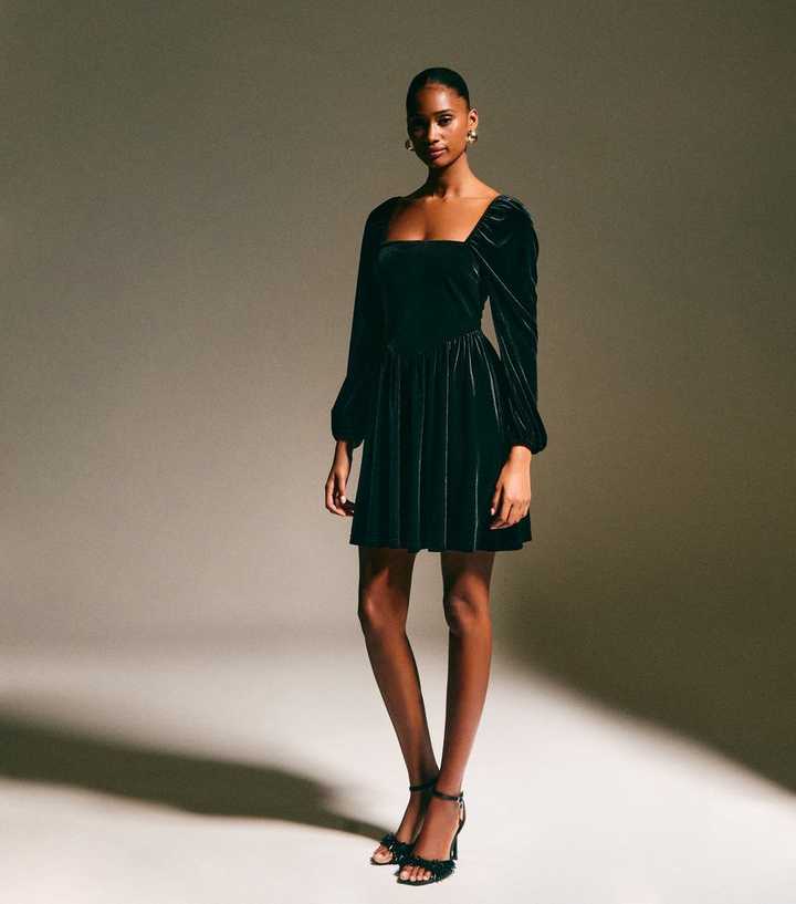 Black Velvet Square Neck Mini Dress