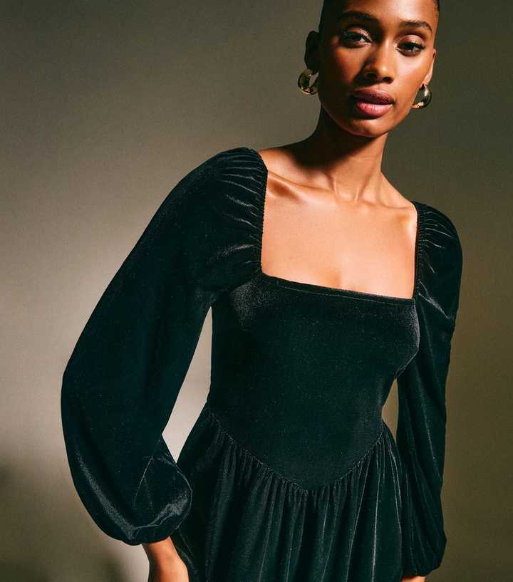 black velvet square neck mini dress Catrina Black Velvet Square Neck Bow-Tie Mini Dress