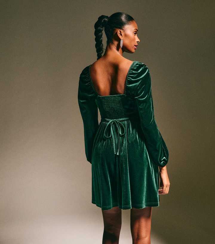 Dark Green Velvet Square Neck Mini Dress | New Look