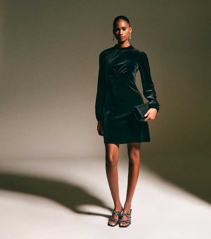 Black Velvet High Neck Long Sleeve Mini Dress