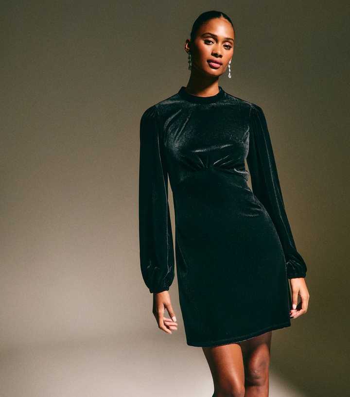 princess polly baby blue dress Black Velvet High Neck Long Sleeve Mini Dress