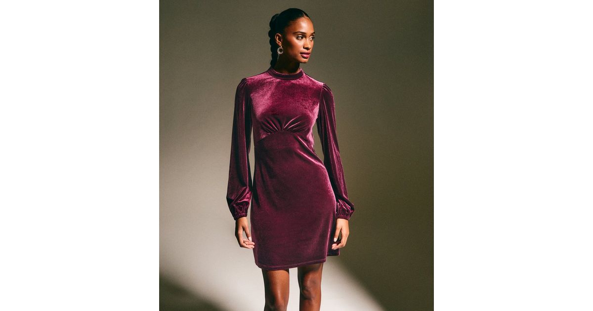 Dark Burgundy Velvet High Neck Long Sleeve Mini Dress | New Look Dark Burgundy Velvet High Neck Long Sleeve Mini Dress | New Look