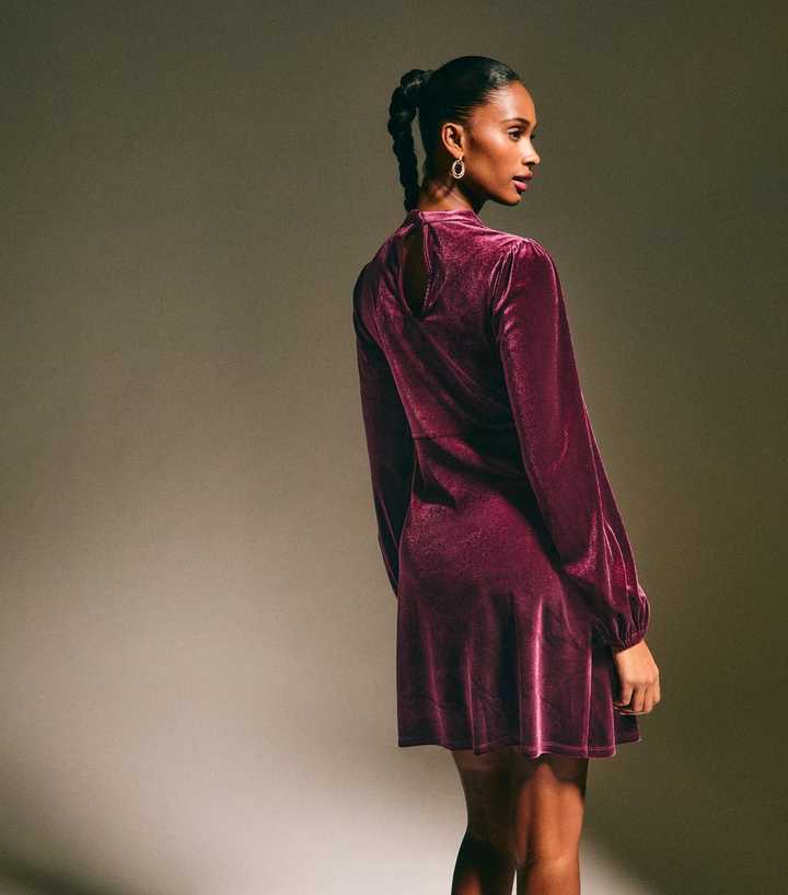 Dark Burgundy Velvet High Neck Long Sleeve Mini Dress | New Look