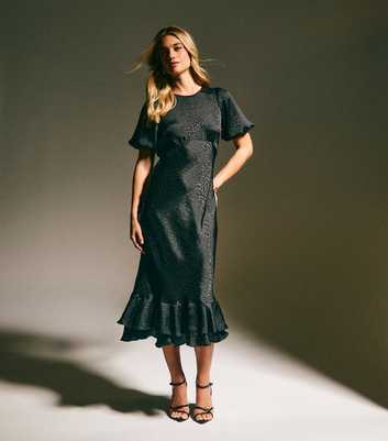Black Feather Jacquard Satin Midi Dress