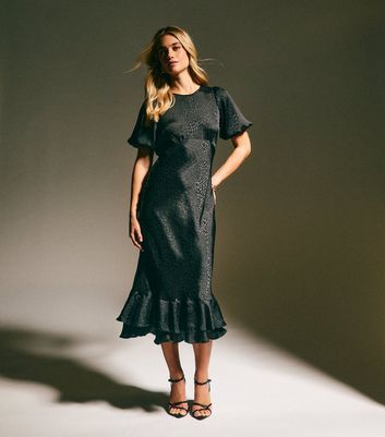 sachin and babi light blue dress Black Feather Jacquard Satin Midi Dress