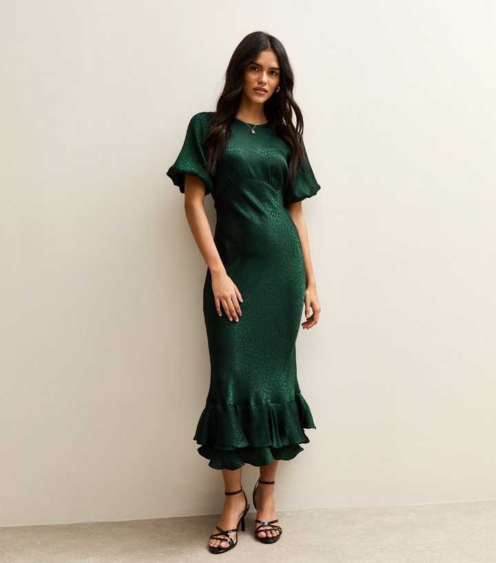Dark Green Feather Jacquard Satin Midi Dress | New Look