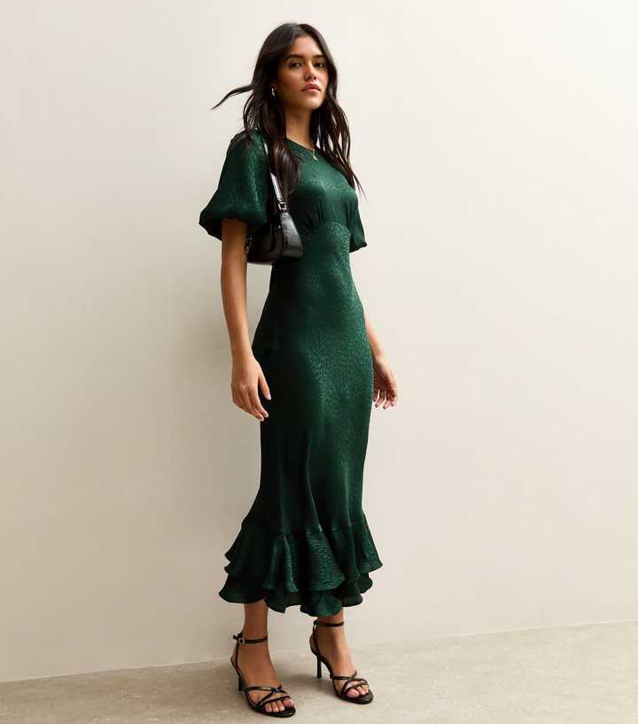 Dark Green Feather Jacquard Satin Midi Dress | New Look