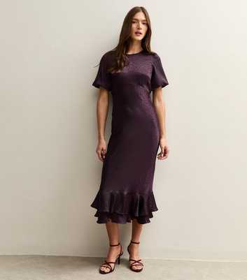 Dark Burgundy Feather Jacquard Satin Midi Dress