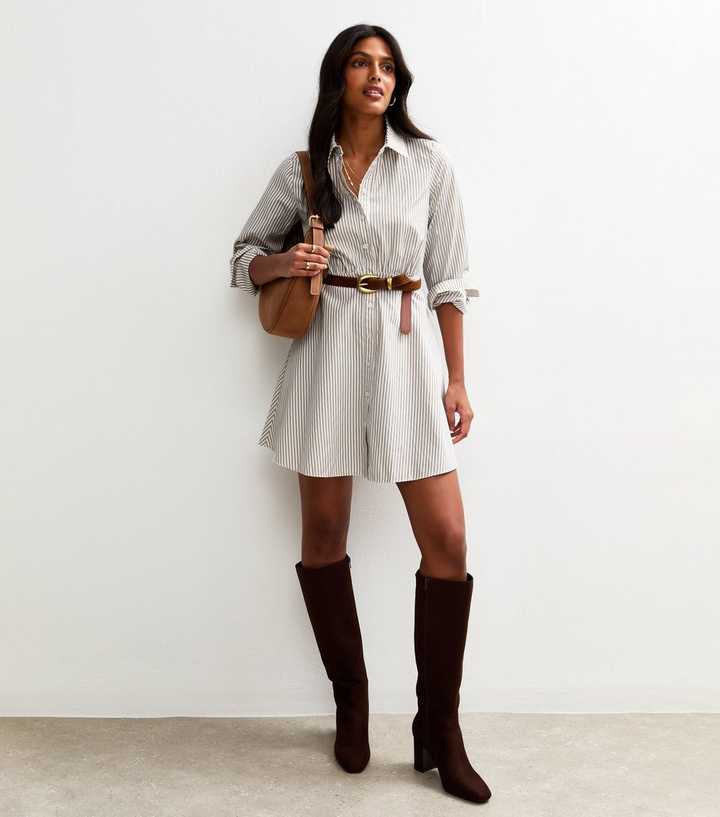 Brown Striped Mini Shirt Dress