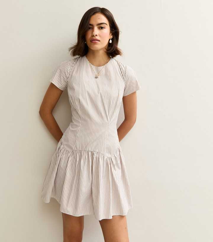 Brown Striped Cap Sleeve Drop Waist Mini Dress