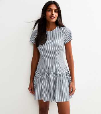 Blue Striped Cap Sleeve Drop Waist Mini Dress