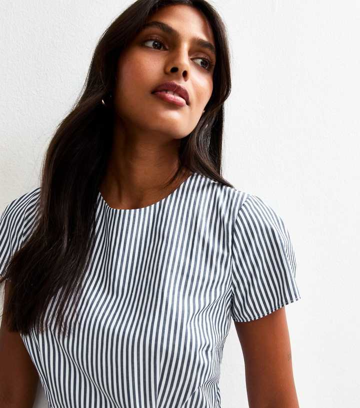 Blue Striped Cap Sleeve Drop Waist Mini Dress