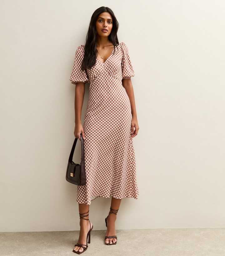 Brown Gingham Print Bow Back Midi Dress