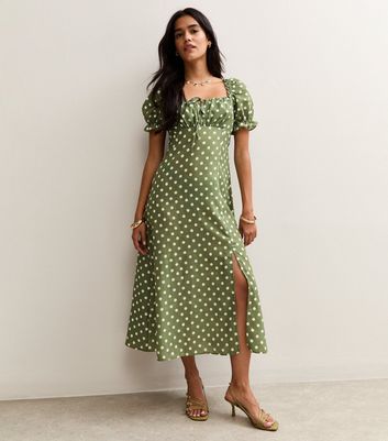 Asos Design Green Dress With Black Spots Green Polka Dot Milkmaid