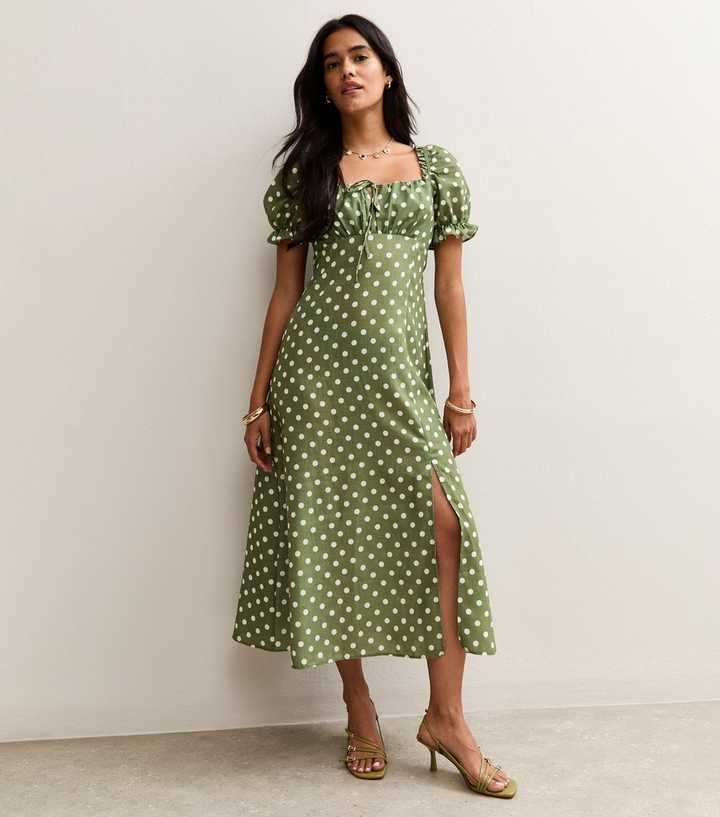 Green Polka Dot Milkmaid Midi Dress
