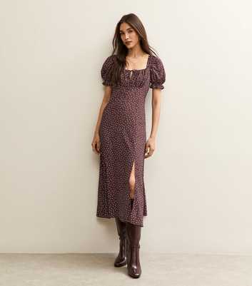 Brown Polka Dot Milkmaid Midi Dress