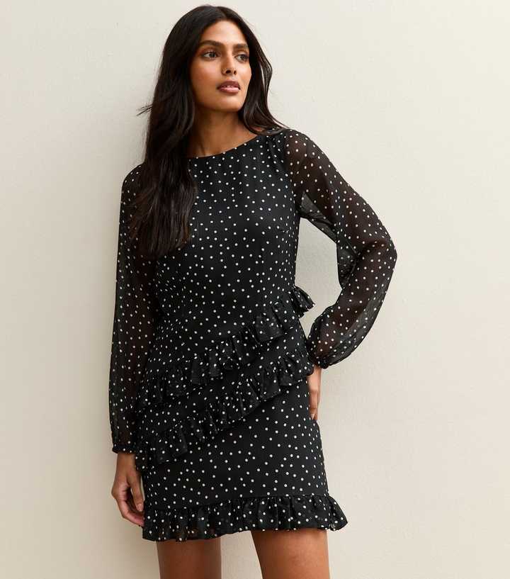 Black Polka Dot Print Chiffon Mini Dress