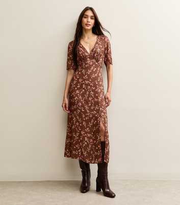 Brown Floral Print Slit Hem Midi Dress