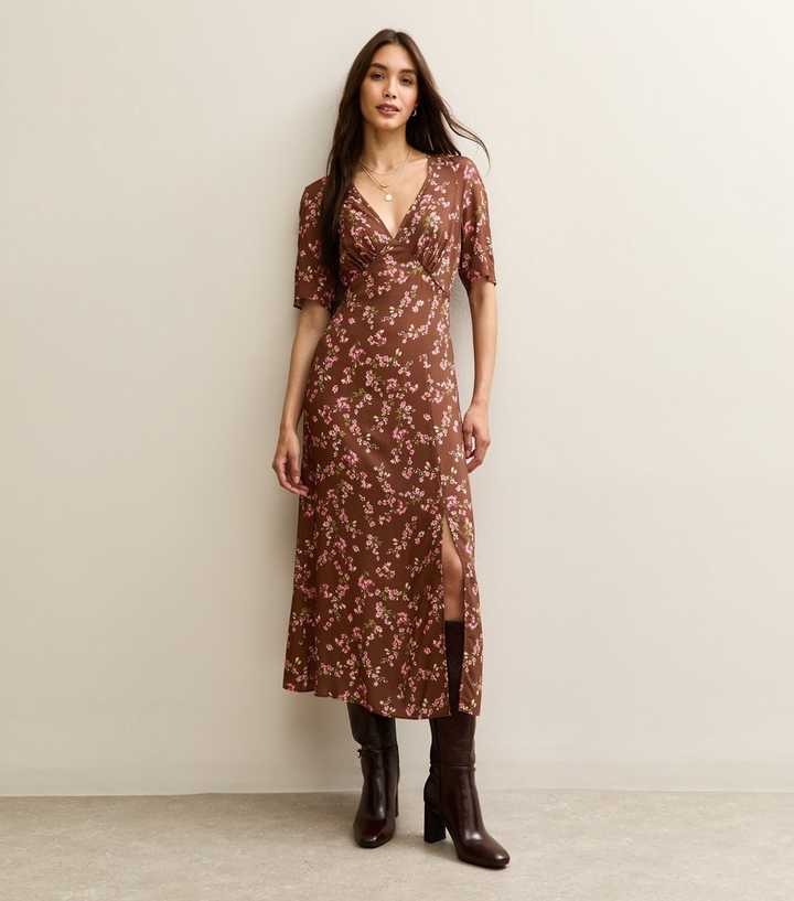 Brown Floral Print Slit Hem Midi Dress