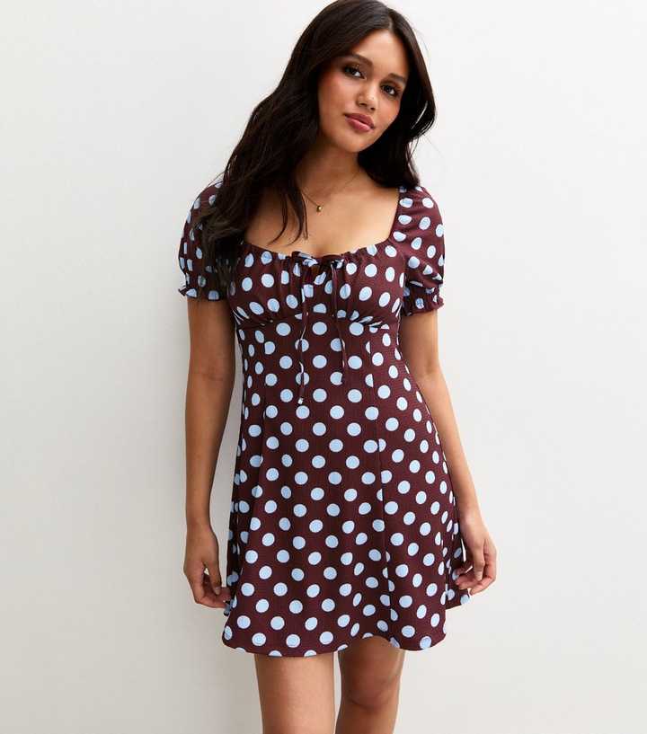 Red Spot Print Crinkle Texture Milkmaid Mini Dress
