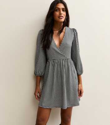 Black Gingham Print Crinkle Texture Wrap Mini Dress