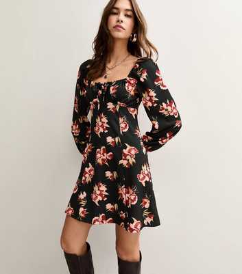 Black Long Sleeve Floral Print Milkmaid Mini Dress