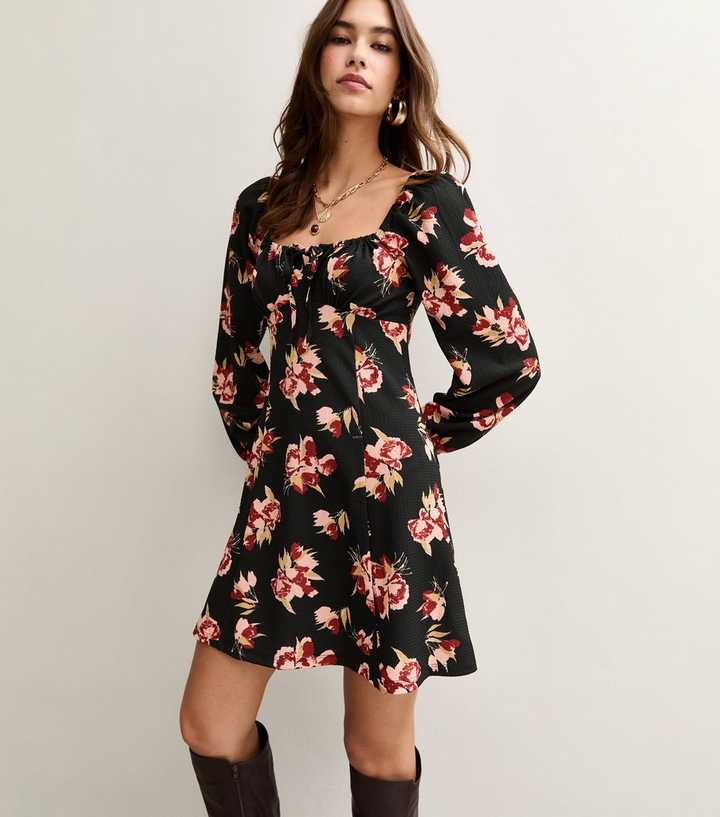 Black Long Sleeve Floral Print Milkmaid Mini Dress