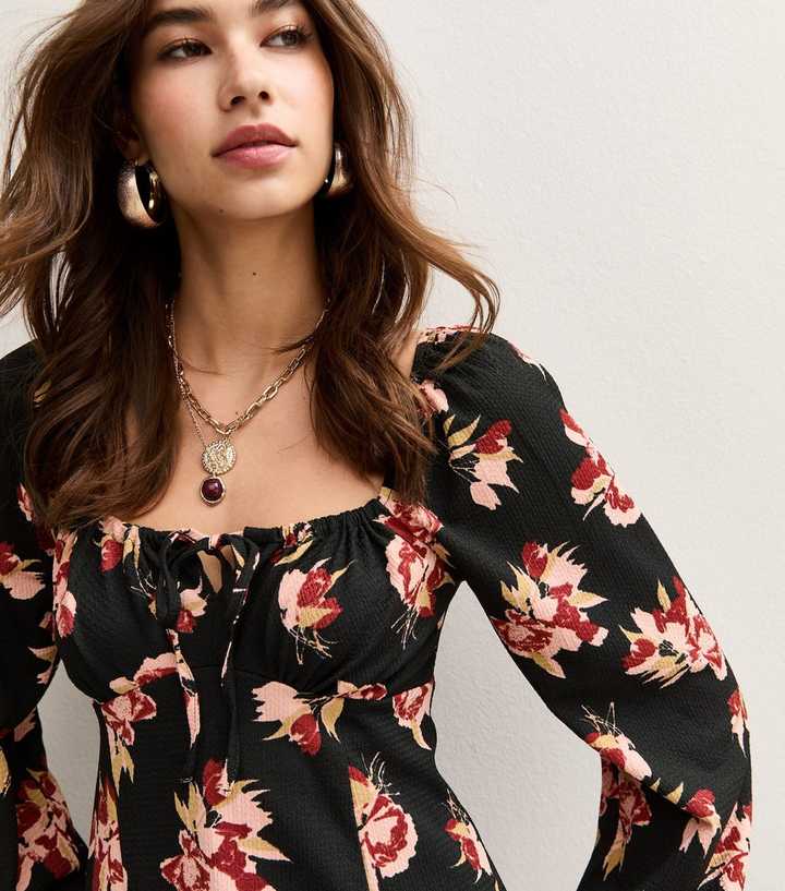 Black Long Sleeve Floral Print Milkmaid Mini Dress | New Look