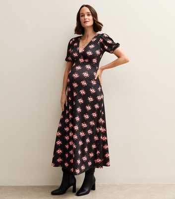 Maternity Black Floral Print Lace Trim Midi Dress
