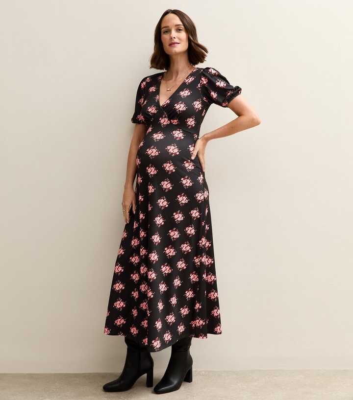 Maternity Black Floral Print Lace Trim Midi Dress