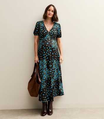 Maternity Black Floral Print V-Neck Midi Dress